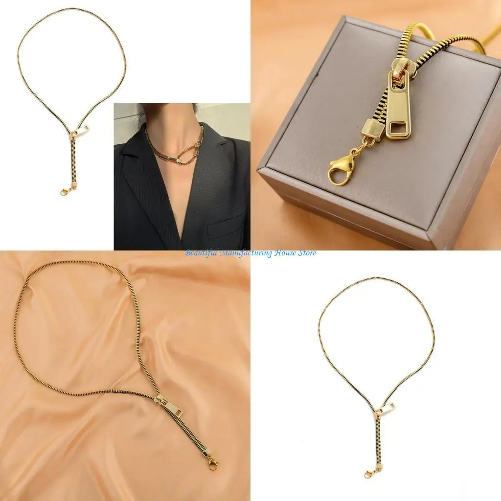 

E56A Punk Gold Color Alloy Metal Zipper Choker Necklace for Women Trend Thick Clavicle Chain Collar Vintage Necklaces