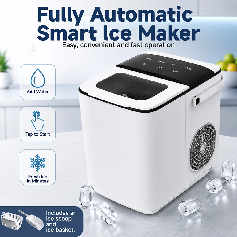9 Cubes in 6 Mins Smart Ice Maker, Touch Control Adjustable Size, Auto-Clean, Visible Window & Blue Light, Countertop