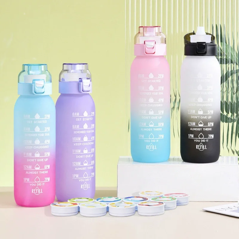 

Water Bottle 1000ml with 3pcs Fruit Scented Pods ,Summer Cool Big Capacity Sport Cup with Straw,Carry Strap for Gym, School