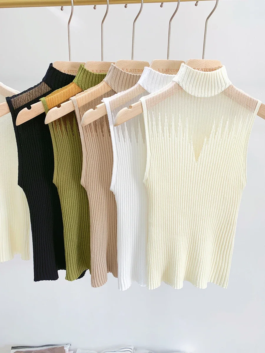 Halter Neck Knitwear Women\'s Sleeveless T-Shirt Elastic Mesh See-Through Sexy Vest Sweater Tops Korean Fashion Y2k Tees Clothing