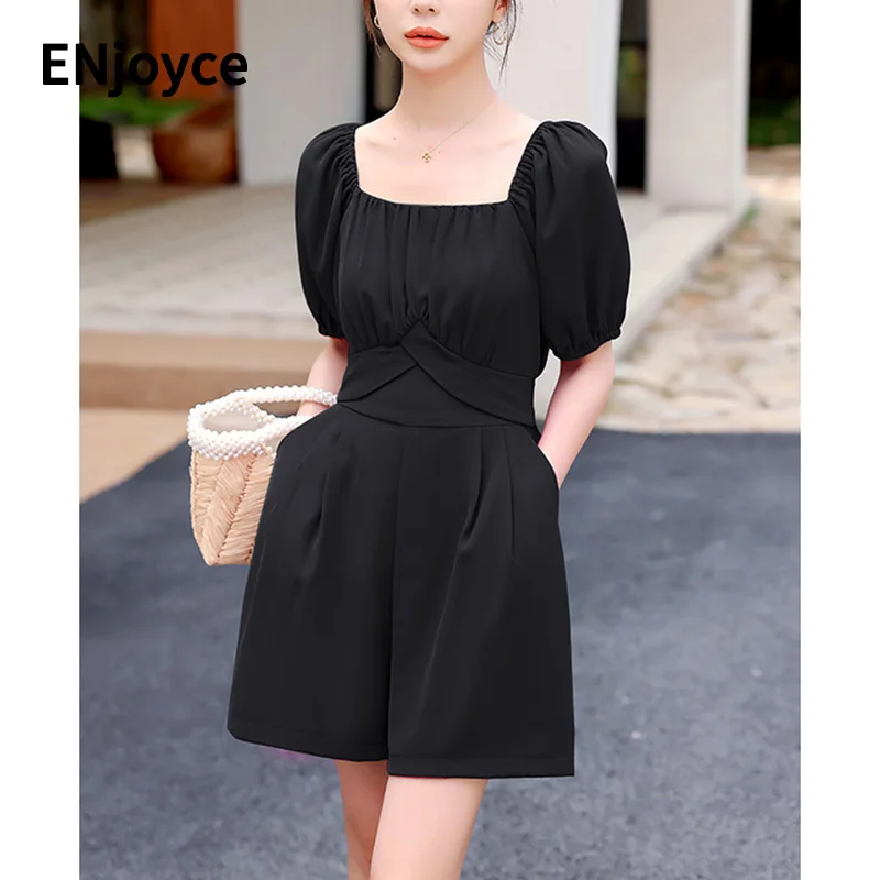 

2023 Summer Women Black Square Collar Short Jumpsuits One Piece Shorts Playsuits High Waist Loose Casual Rompers Overalls