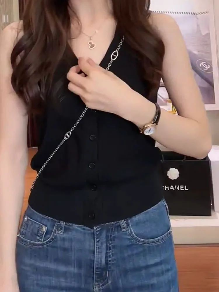 Retro Hong Kong Sle Single Button Design Svel Gebreid Vest Dames Zomer Nieuwe Pittige Afslanktop Pendelen Sle