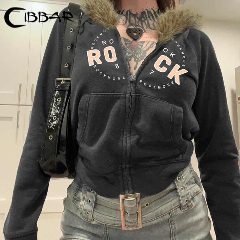 CIBBAR Grey Zip Up Hoodies Harajuku Letter Print Cropped Hoodie Women Autumn Winter Furry Collar Hooded Sweatshirts y2k Vintage