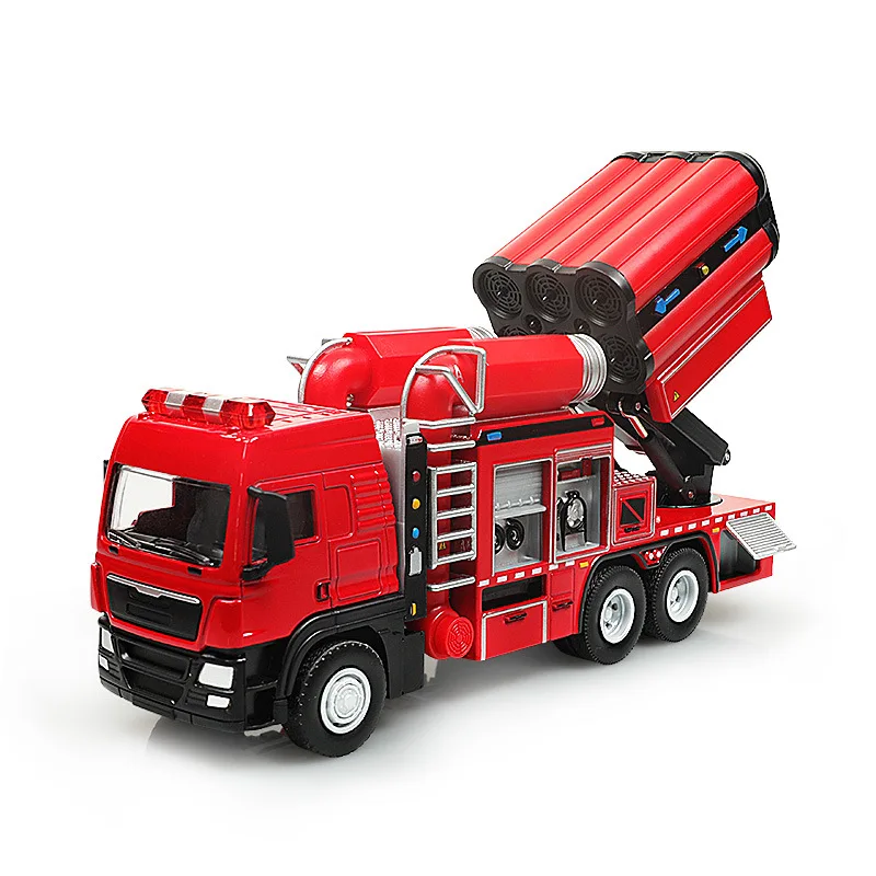 Modello di camion dei pompieri in lega 1:50 Veicolo di salvataggio di scarico di fumo resistente Diecast in metallo Suono leggero Tirare indietro Giocattolo Regalo da collezione