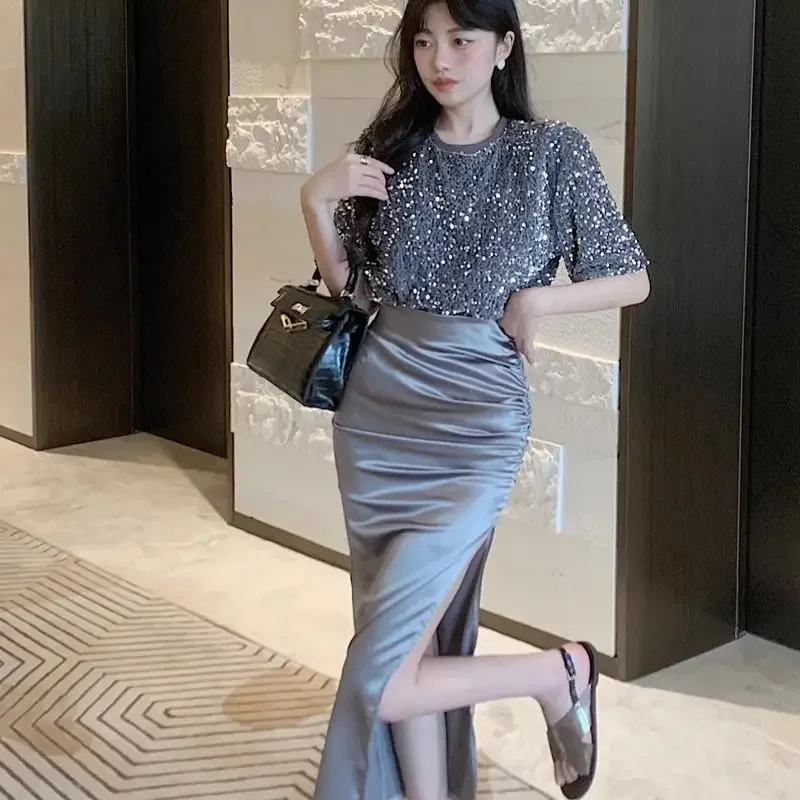 2 Pieces Sets for Women Long Short Sleeve Maxi Sequin Woman Outfit Night Club Mature Sexy Slit Skirt Y2k Streetwear Stylish Full