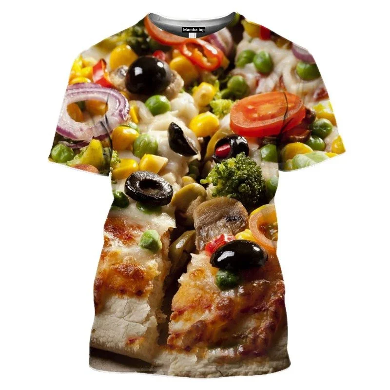 3D HD Printing Food Pizza Graphics Family Trend Family Clothing Summer Men\'s Fashion Casual Personality Fun O Collar Top T-shirt