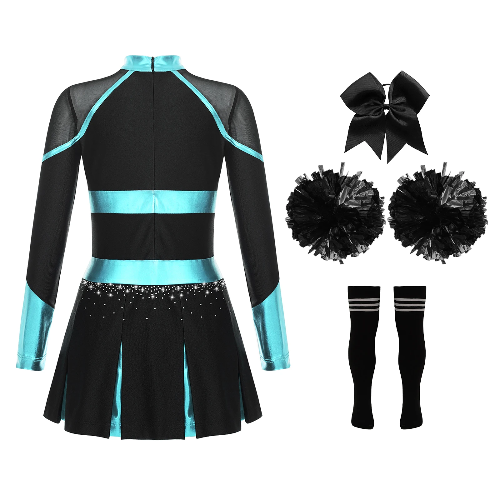 Girls Cheerleading Jazz Dance Outfit Long Sleeve Cheer Dress with Headwear Hand Flowers Socks for School Party Sports Meeting