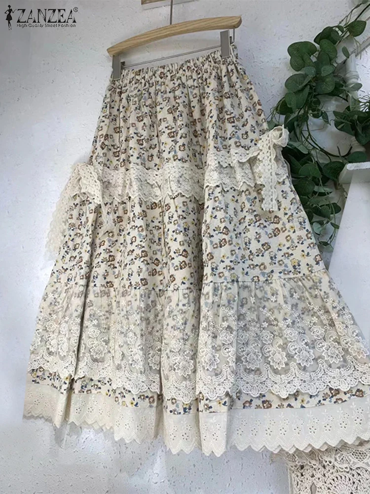 Zanzea rendas impressas saias femininas vintage maxi overskirts 2025 verão solto casual bainha irregular a linha retalhos festa bottoms