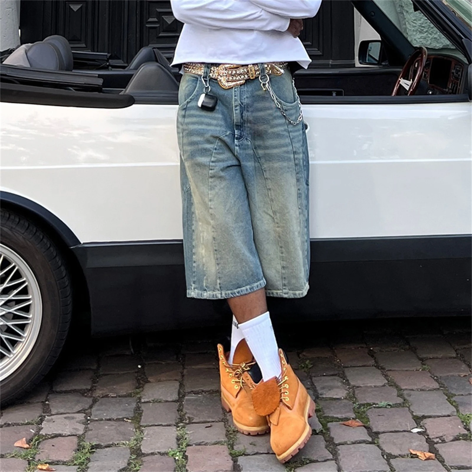 

Винтажные мужские потертые джинсовые шорты, однотонные джинсовые шорты в стиле ретро, летние свободные шорты до колена, уличная одежда