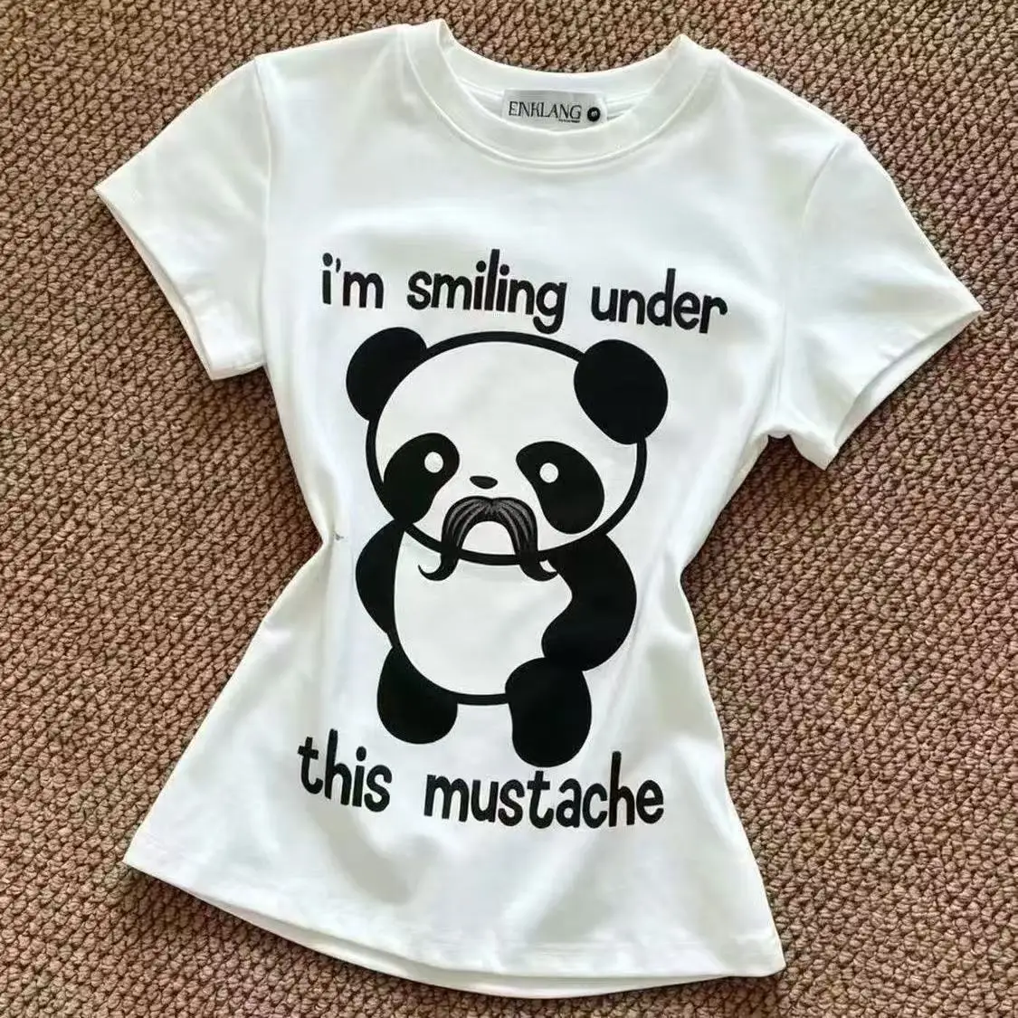 Kawaii Japanese Subculture Funny Crying Panda Mustache Graphic Tee Women Slim Fit Short Sleeve Cotton Casual Streetwear Outfit