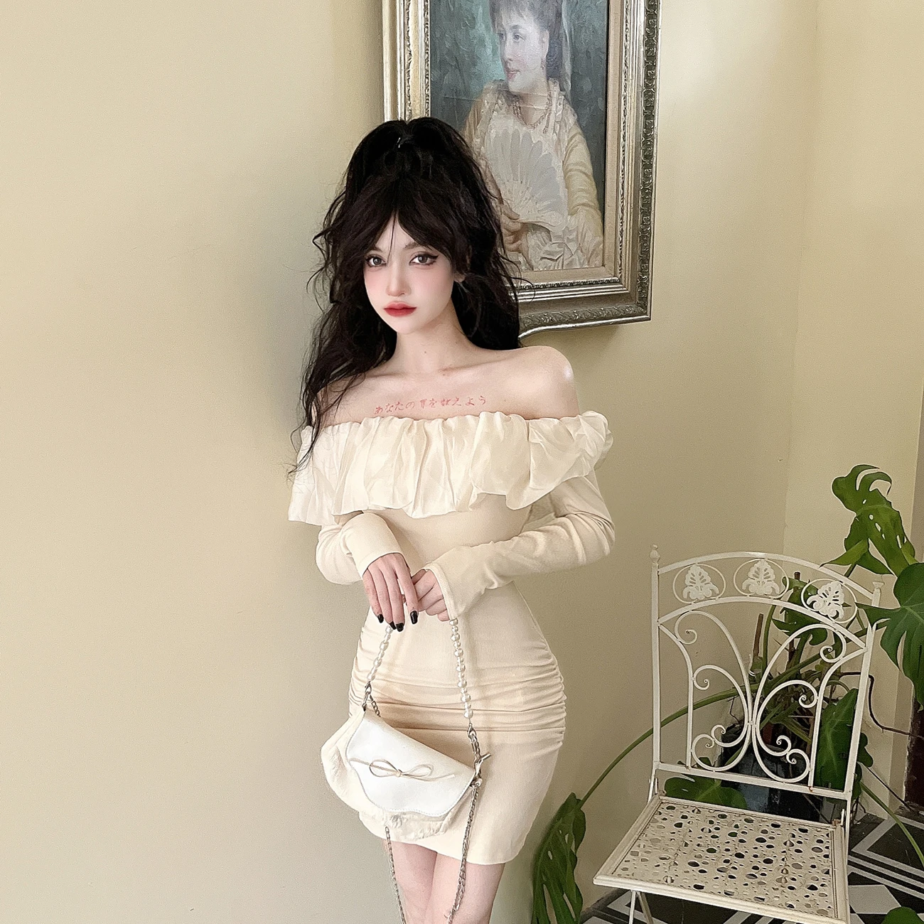 

Ele Sweet oulder Bared Elastic Waist Slim Fit Pure Color Long Sve ort H-Line Dr для молодых женщин осень-зима