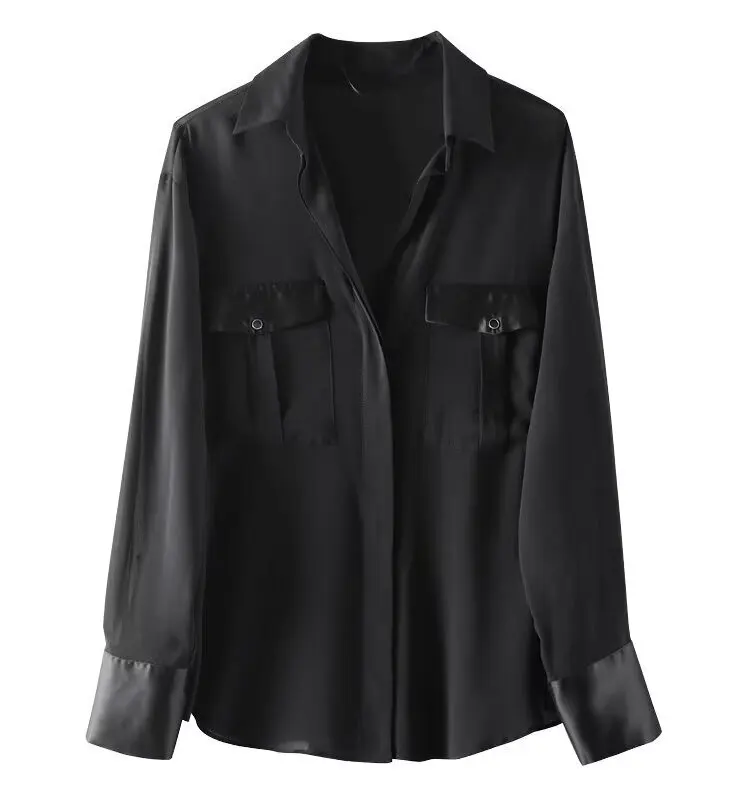 

Spring 2024 Women's Faion Silk Satin Texture Versatile irt Collar Long Sve Pure Color Commute Sle Regular Fit