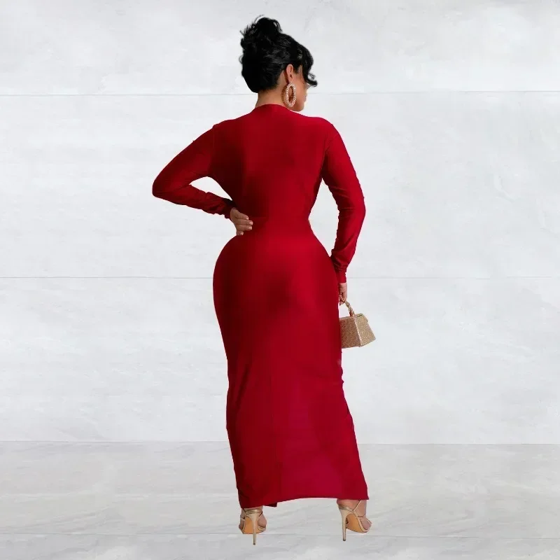 GUWU 가을 긴 소매 여성 드레스 섹시한 파티 스트리트 클럽 v 넥 맥시 드레스 하이 스플릿 셔링 이브닝 Bodycon Vestidos