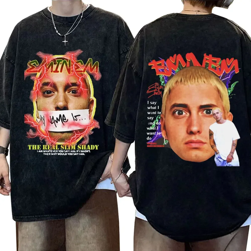 

2025 Рэпер Eminem Slim Shady Футболка из 100% чистого хлопка Мужская 90-е Хип-хоп Панк Рок Винтаж Стирка Мужская одежда Унисекс Уличная одежда
