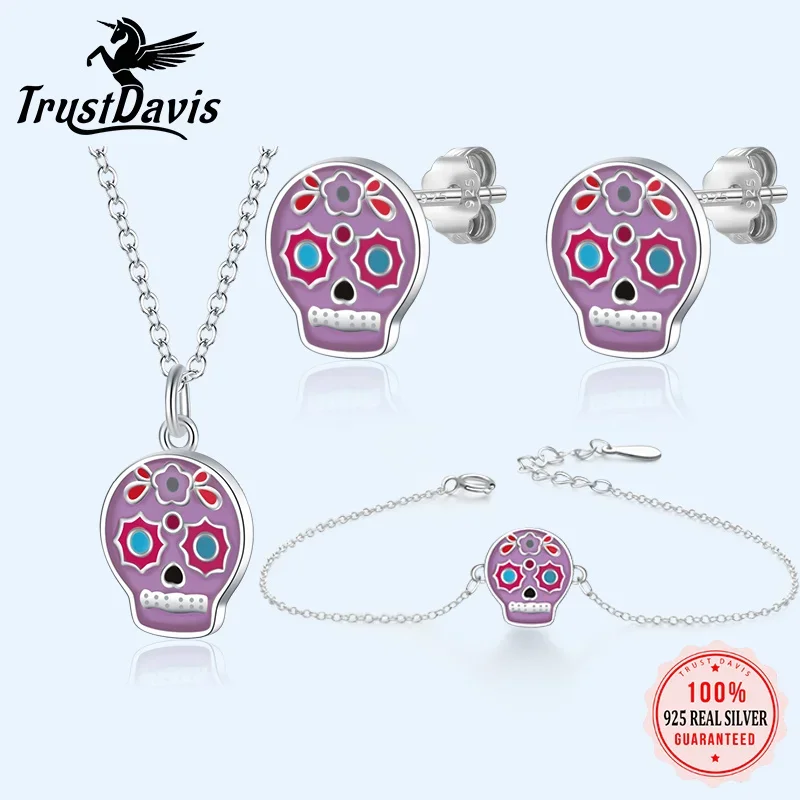 Trustdavis Real 925 Sterling Silver Colour Glaze Skull Ring Earring Bracelet Necklace For Daughter Girls Fine Jewelry Gift DK018