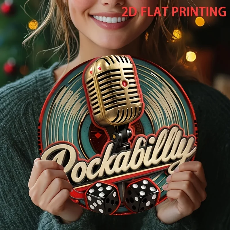 2D Flat Round Metal Tin Sign, Rockabilly Vintage Microphone Dice Vinyl Plaque, 7.87in Rock Bar Music Room Wall Decor