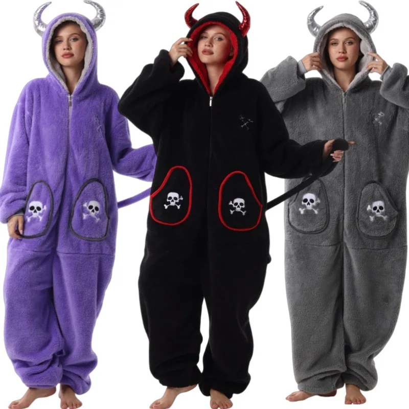 Women Animal Onesie Pajama Polyester Devil Horn Skull Embroidery Zipper Flannel Homewear Halloween Cosplay Costume Plus Size