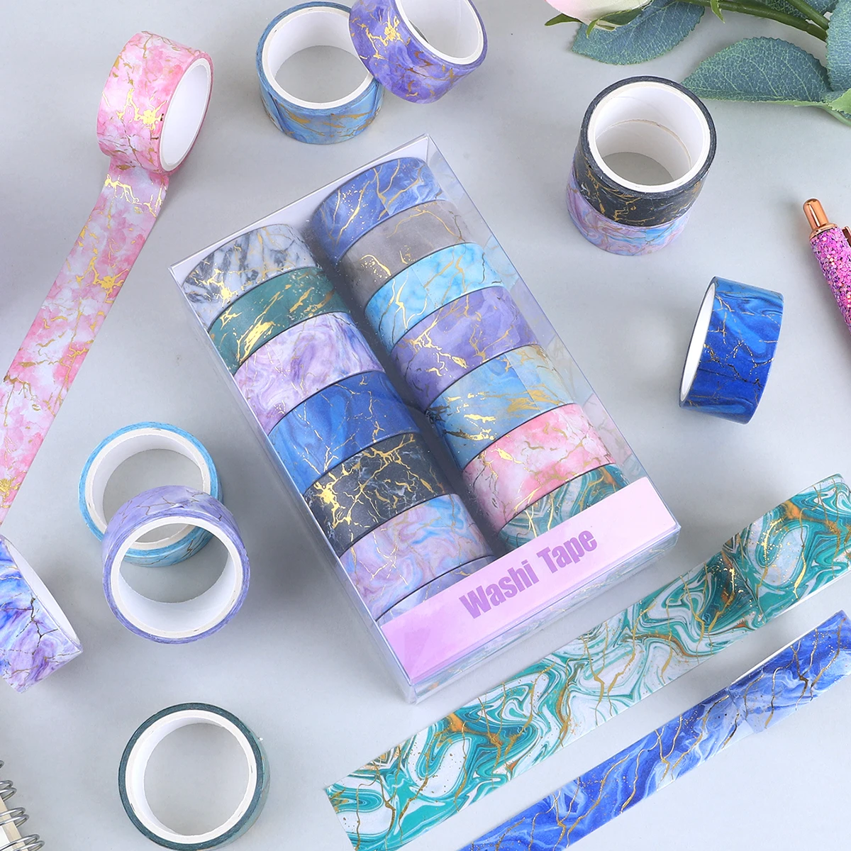 14 Rolls/Box Gradient Marble Pattern Washi Tape, Available in Multiple Colors, DIY Notebook Decoration Material, Gold Stamping