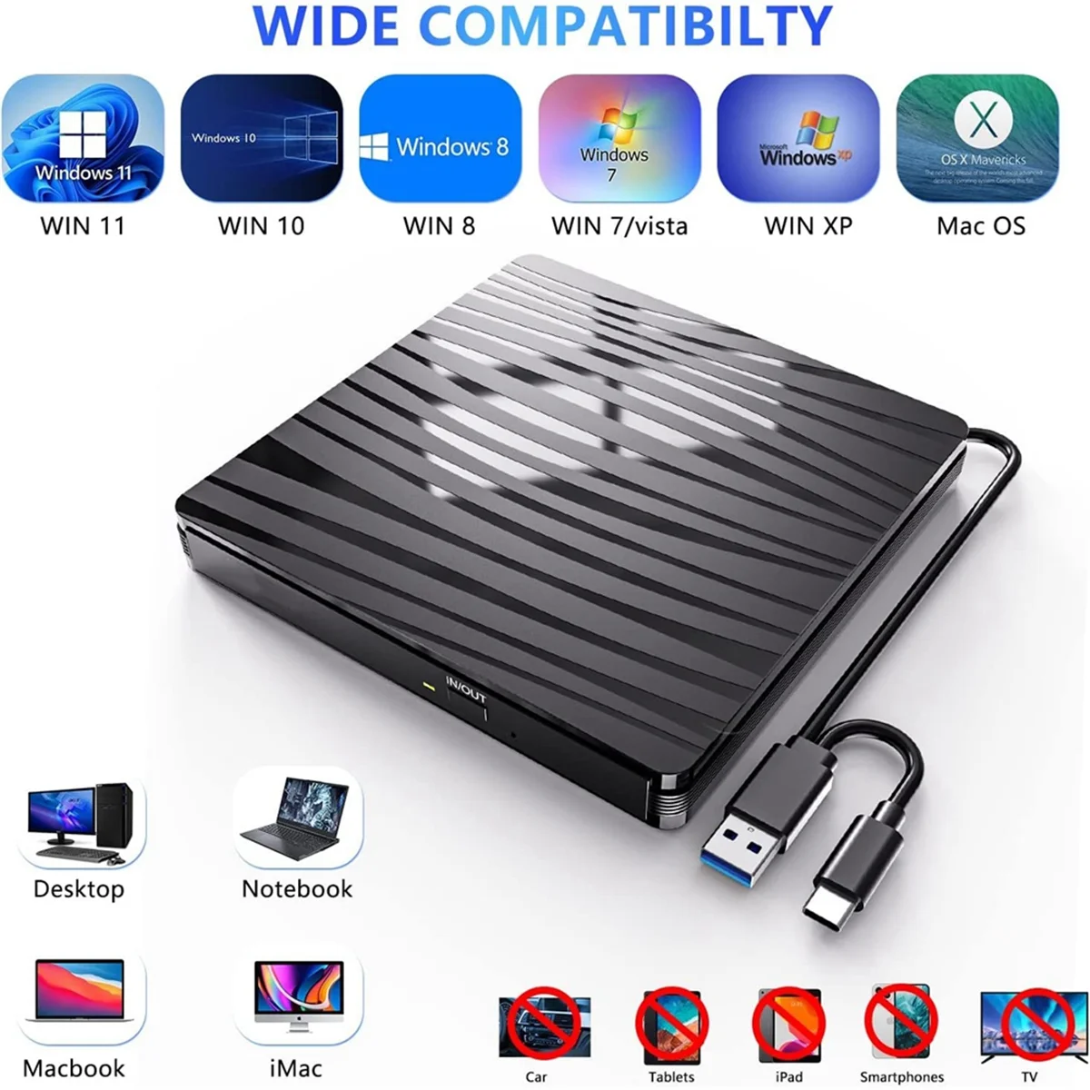 External CD/DVD Drive for Laptop, USB 3.0 & Type-C Portable CD DVD +/-RW Burner Optical Drive Reader Writer DVD Player