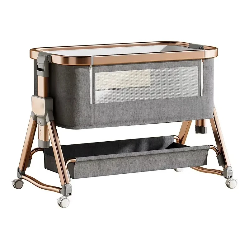 Easy Folding Aluminum Alloy Baby Bedside Crib with Storage Basket Wheels Adjustable Mosquito Net Portable Cradle for Home