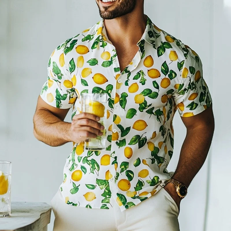 

Pineapple Lemon Orange Pattern Hawaiian Shirt For Men Fruit 3D Printed Short Sleeves Summer Loose Aloha Shirts Lapel Blouse Tops