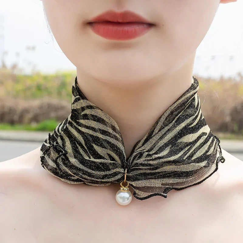 

Pearl Sunscreen Neck Wrap for Women Gold-Threaded Ruffled Edges Sheer Mesh Neck Gaiter Summer UV Protection,Stylish Accessory