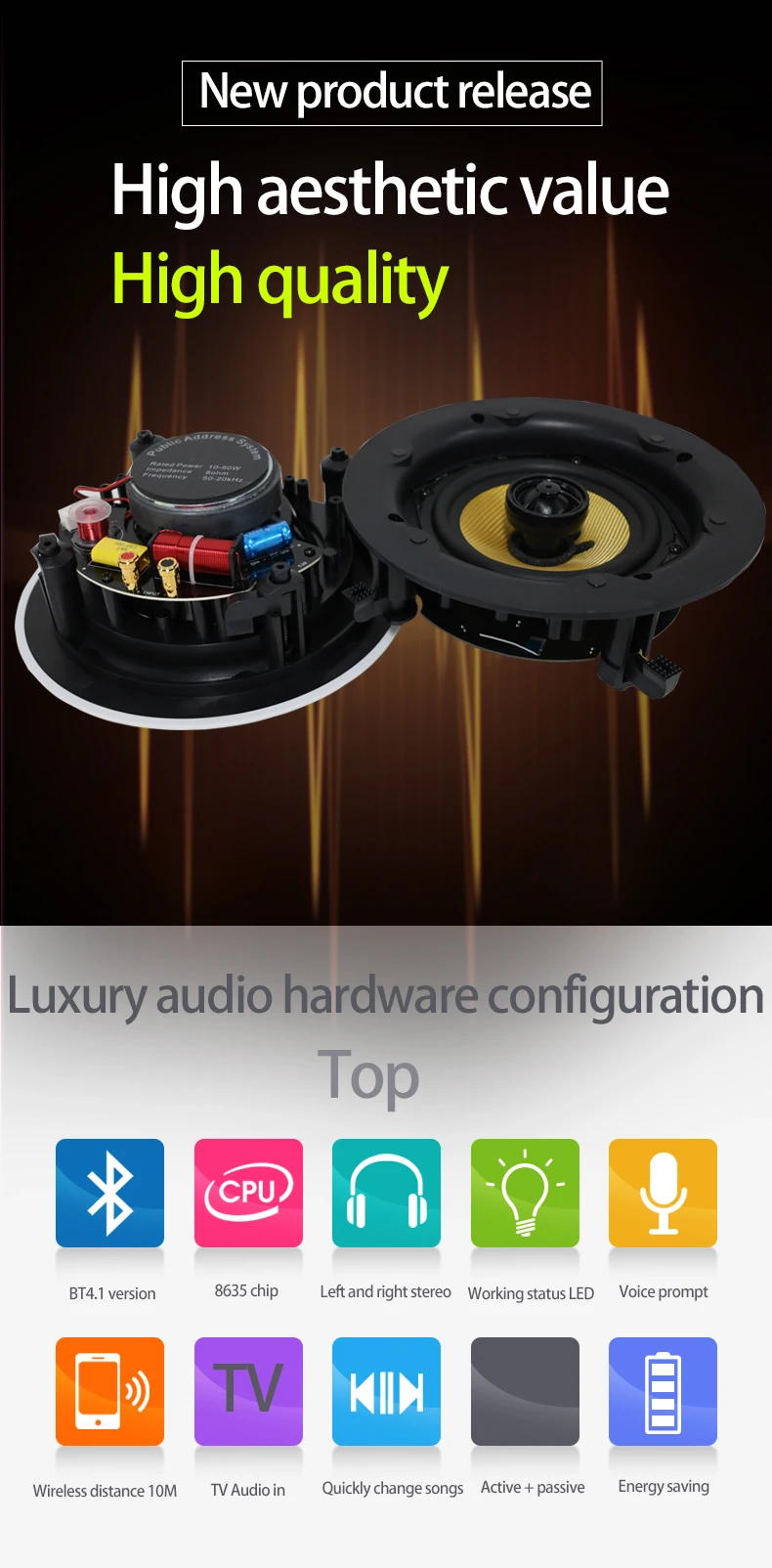 30W*2 High Aesthetic Value Wireless Active Ceiling for Bluetooth Speaker Set High Fidelity Home Theatre Passive Ceiling Speakers