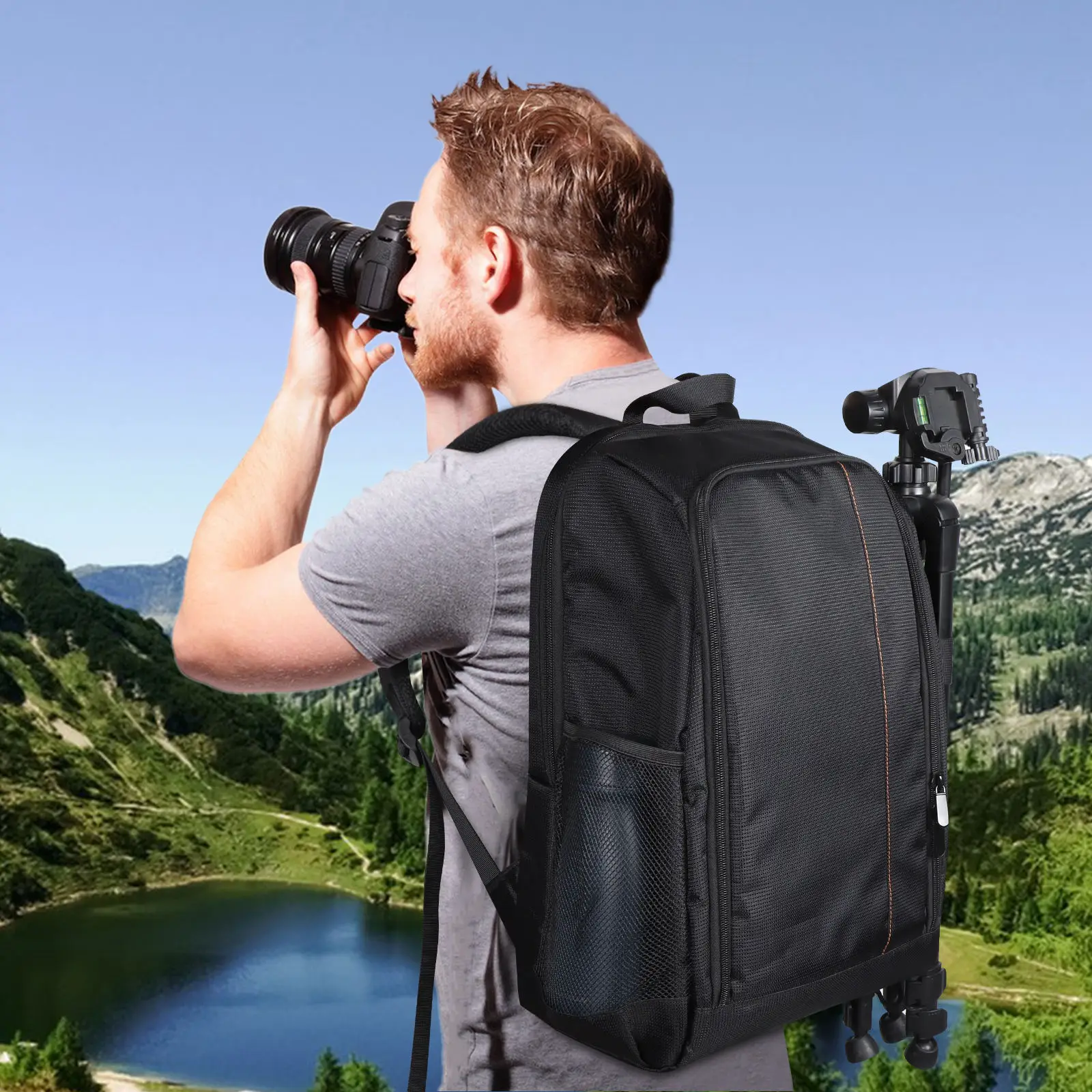 Mochila de câmera profissional com logotipo personalizado para DSLR/SLR/bolsa de fotografia à prova d'água sem espelho com suporte de tripé para exterior