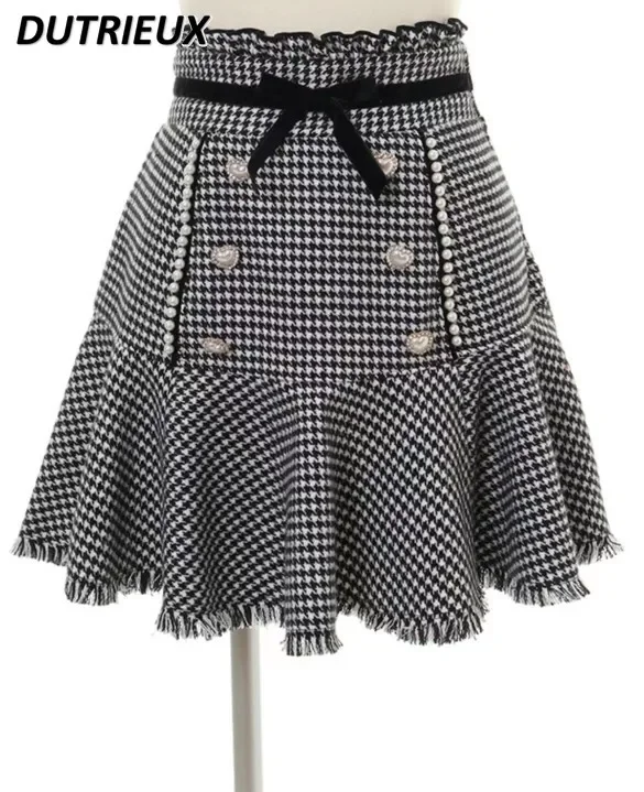 

Japanese Style Sweet Cute Girls A-line Short Skirt Houndstooth Velvet High Waist Slimming Kawaii Fishtail Hip Skirts for Women