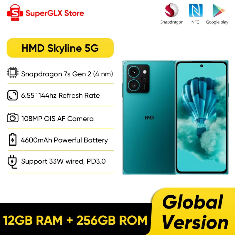 2024 New Global Version HMD Skyline 5G Smartphone Snapdragon 7s Gen 2 108MP OIS AF Camera 4X Zoom 144hz Refresh Rate NFC