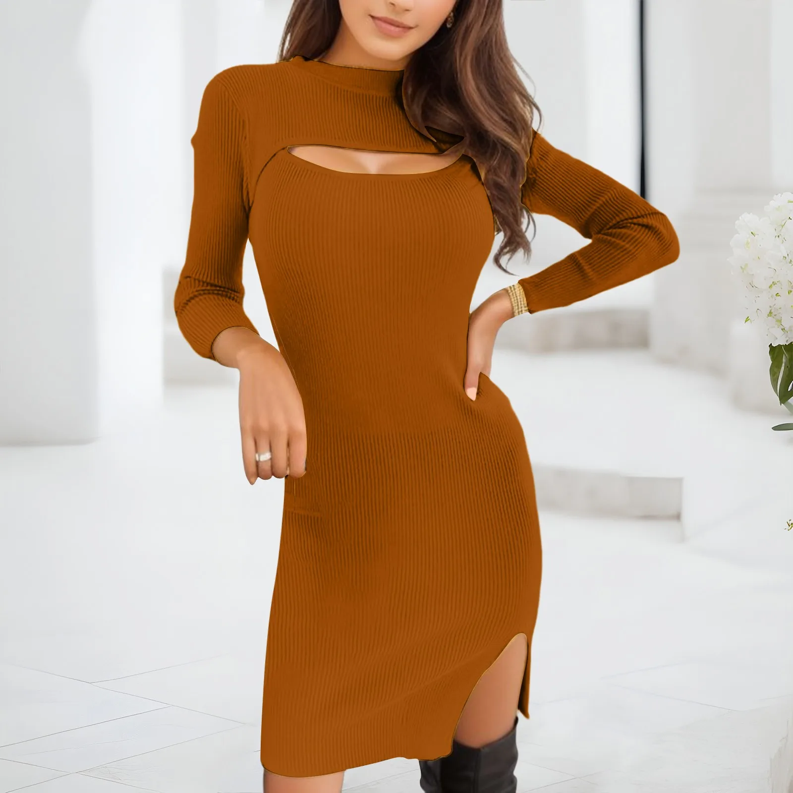 Sensual Sexy Dress For Women Party Dress Clothes Chest Hollow Leggings Split Fork Bag Hip Knitted Vestidos Robe Midi Dresses Y2k