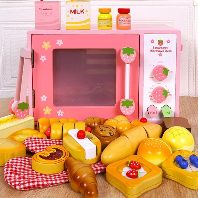 

Montessori Wood Puzzle Kitchen Toys Pretend Play Bread Machine Cake Pizza Miniature Food Dollhouse Accessories Interactive Toys