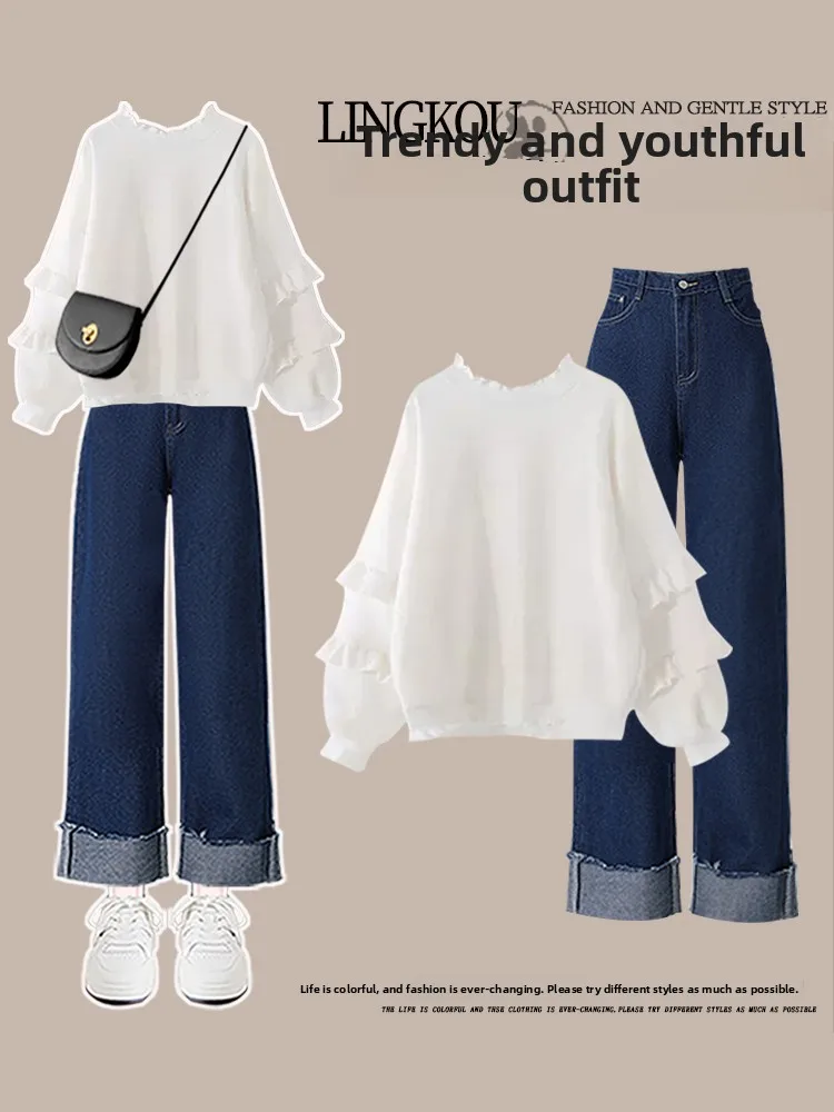 

plus Size Casual Spring Autumn Denim Set High Waist Slimming Straight Leg Jeans Two Piece Set Lazy Style Anti-Aging Top
