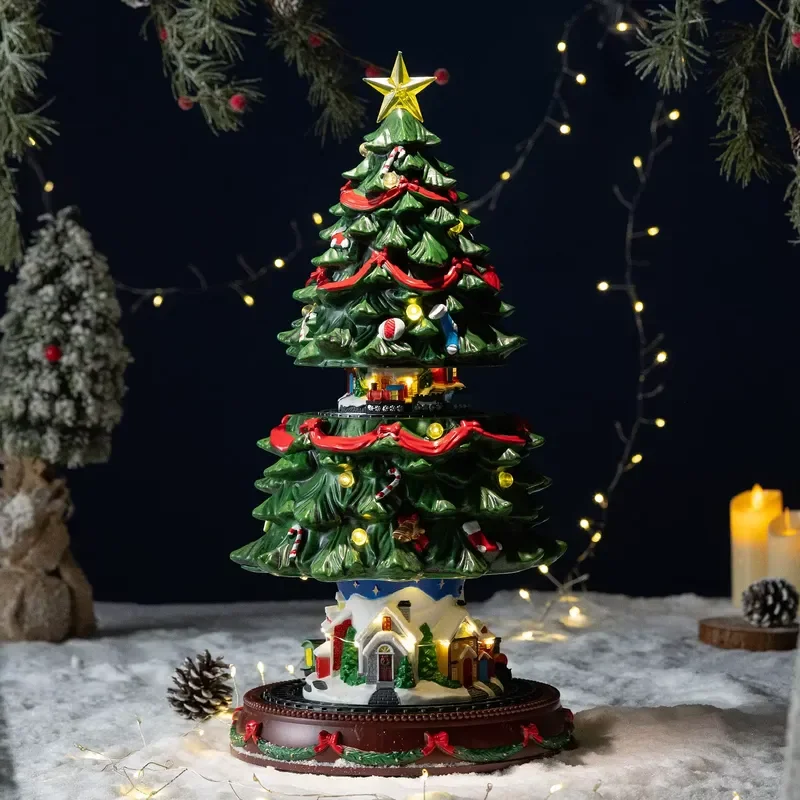 Christmas Gift Music Box Rotating Train Light up Tree Snow Village Diorama Miniature Town LED Decoration for Holiday