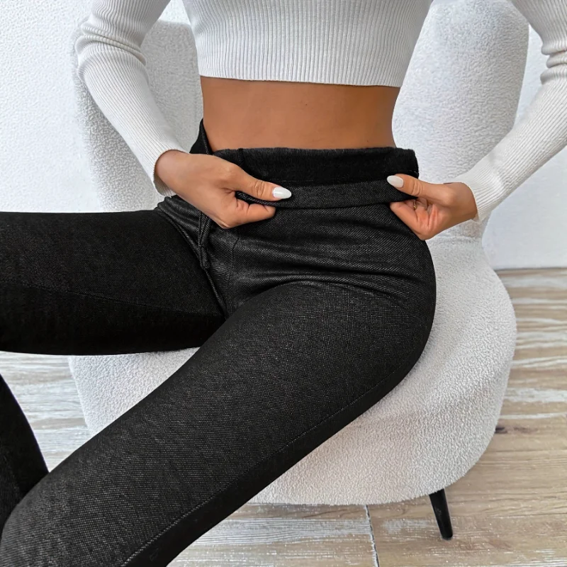 النمط الأوروبي الأمريكي فو الدنيم طماق مرونة الخصر سليم صالح بسط قليلا الدافئة الحد الأدنى تنوعا السراويل للنساء #4