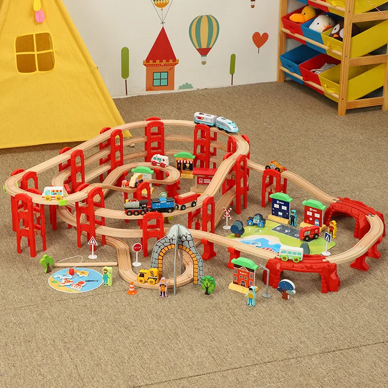 Electric Train Circular Multi-Layer Stacked Overpass Wooden Track Set, Children's Toy Gift,Compatible With Brands Wooden Tracks