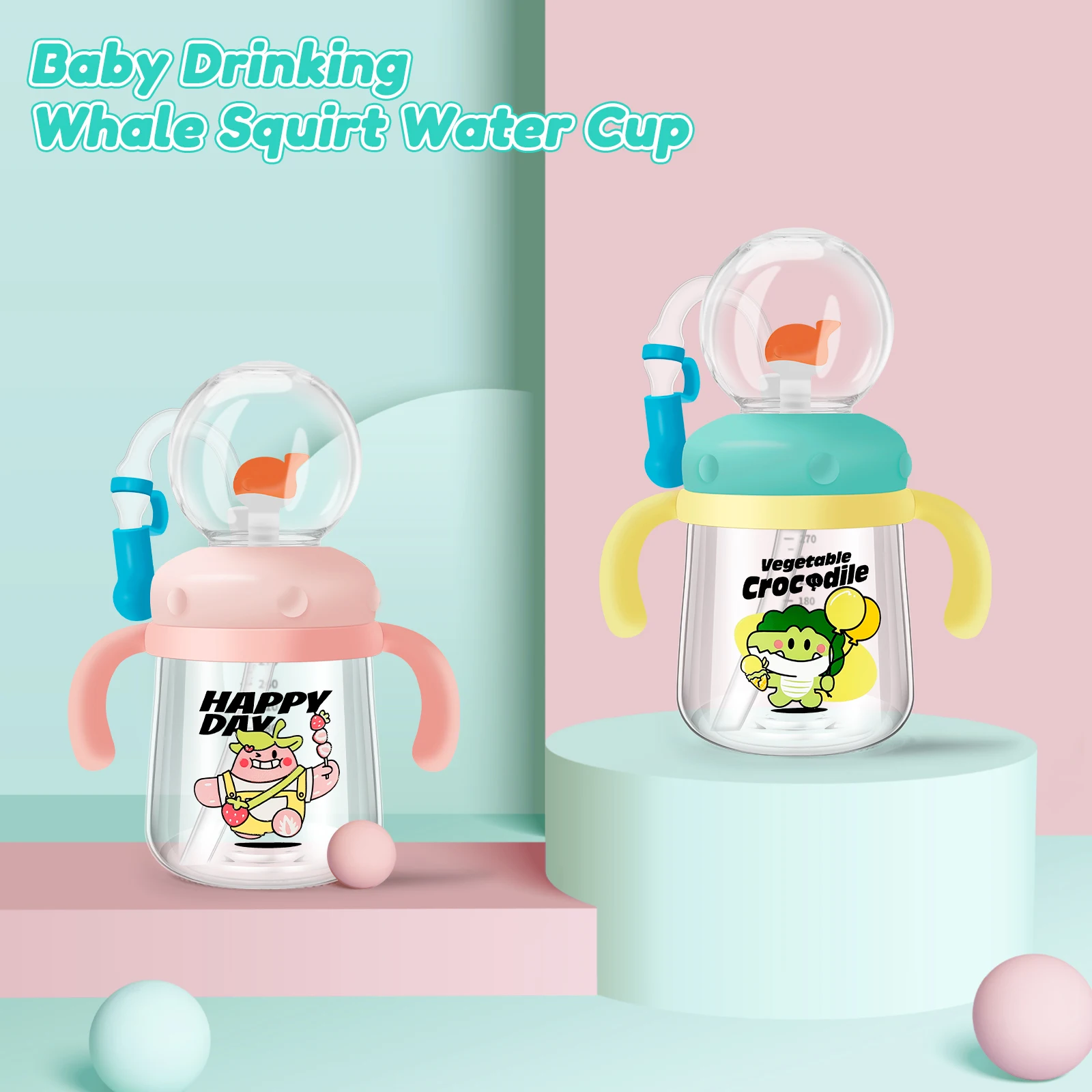 

Baby Drinking Cup with Straw Creative Whale Squirt Water Cup 300ml Portable Baby Drinking Bottle with Handle Leakproof
