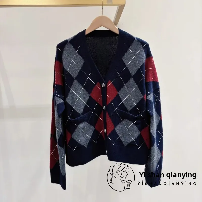 

V-Ne Knitted Open Cardigan Women's Faion Retro Sle Diamond Pattern Color Blo Autumn Winter New Arrival