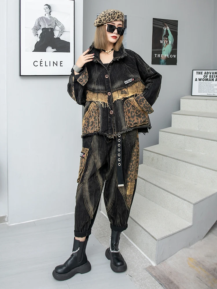 2023 spring autumn Personalized Worn out Denim Coat + Jeans Splice Diagonal Cut Splicing Leopard print Two piece sets