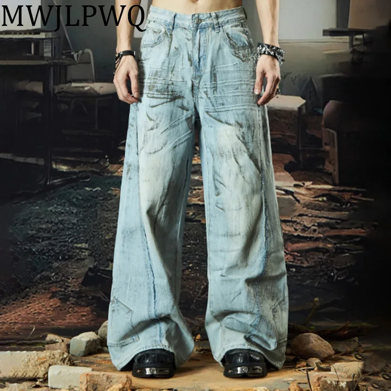 

MWJLPWQ Мужские джинсы с грязным окрашенным граффити Hamd High Street, свободные прямые брюки с нишевым дизайном, лето 010588
