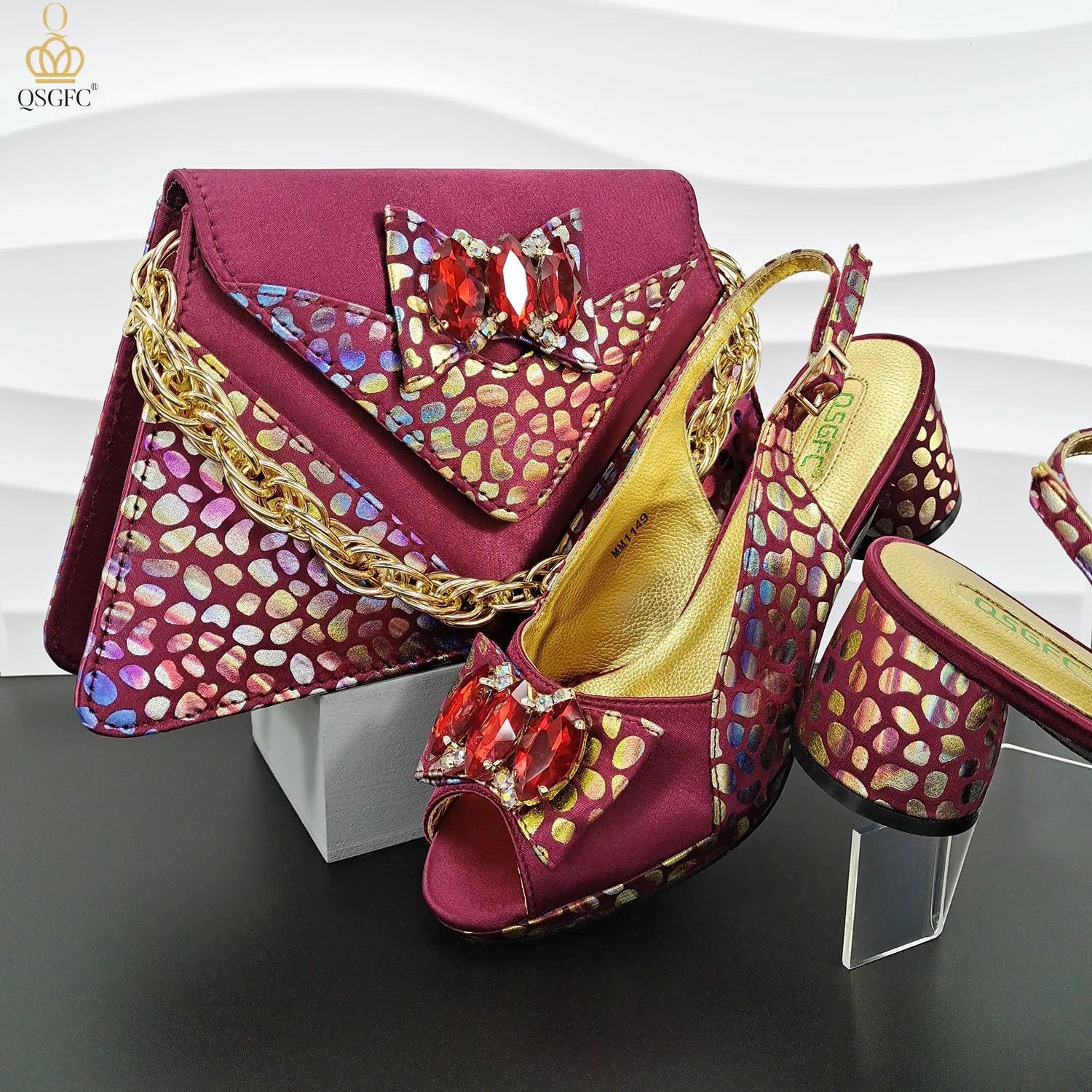 

QSGFC Nigerian Party Shoes And Bag Set African Style Color Matching Bags And Shoes Big Rhinestone Hand Bag