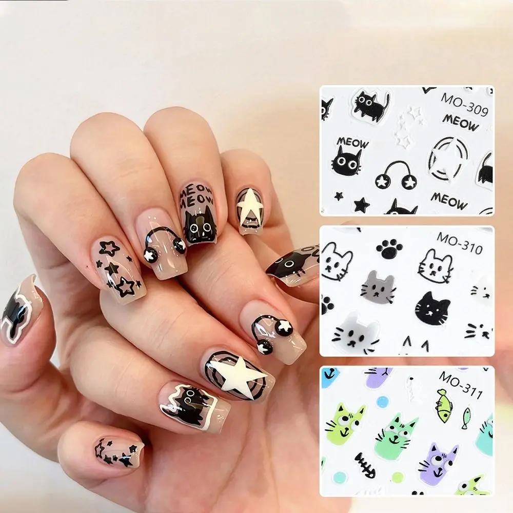 Graffiti 3D Black Cat Nail Stickers Earphone Cute Nail Art Decoration Y2K Bow Manicure Accesories Women