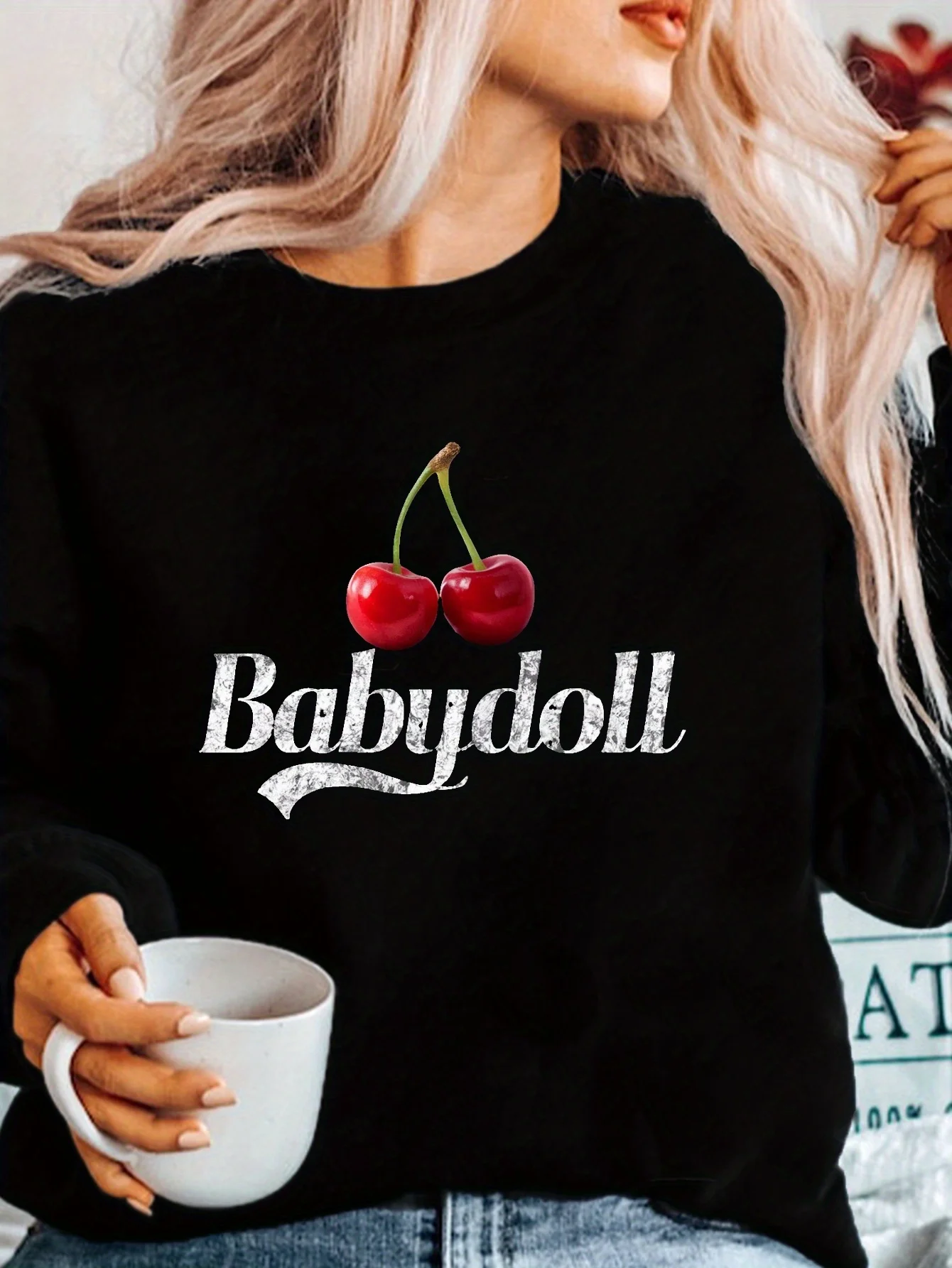 Women's Plus Size Black Casual Sweatshirt - Red Cherries & Babydoll Graphic Print, Long Sleeve Round Neck, Machine Washable
