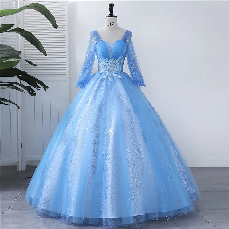 Quinceanera Dresses Vestidos 클래식 라이트 블루 스팽글 아플리케 볼 가운 우아한 긴 소매 파티 드레스 Robe De Bal