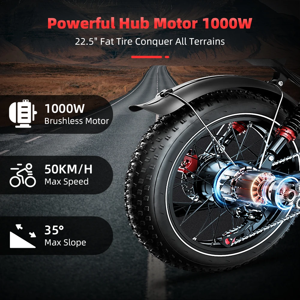 Adult Off‑Road EBike 20 Inch Off‑Road Fat Tire Electric Bike 1000W Rear‑Wheel Motor 48V 17.5Ah Shimano 7‑Speed Disc Brake Dual Suspension E‑Bicycle view 5