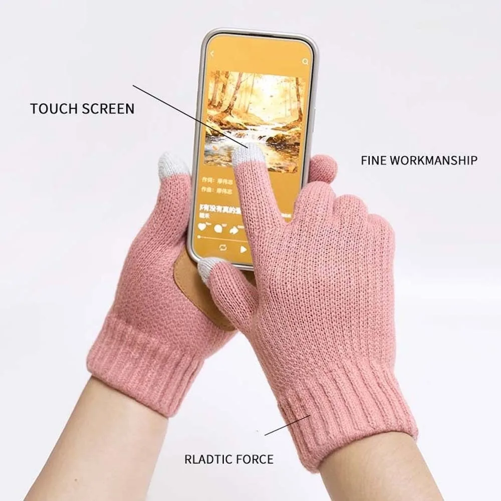 Leather Patch Touchscreen Gloves Solid Color Knitted Wool Winter Knit Mittens Thick Lining Elastic Cuff Woolen Warm Gloves