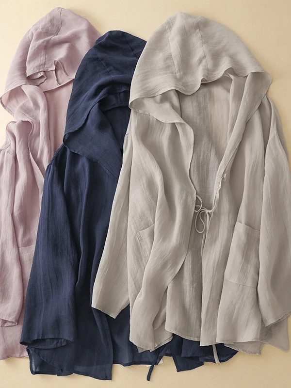 

Artistic Chinese Sle Linen irt Women Summer Lightweight Sun Protection Long Sve Hooded Belted Outerwear awl