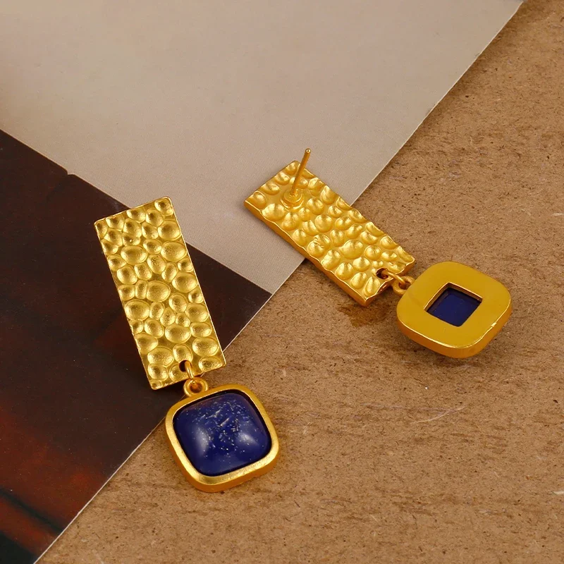 Boho Lapis Lazuli Square Shape Drop Dangle Earrings Retro Style Golden Women's Jewelry