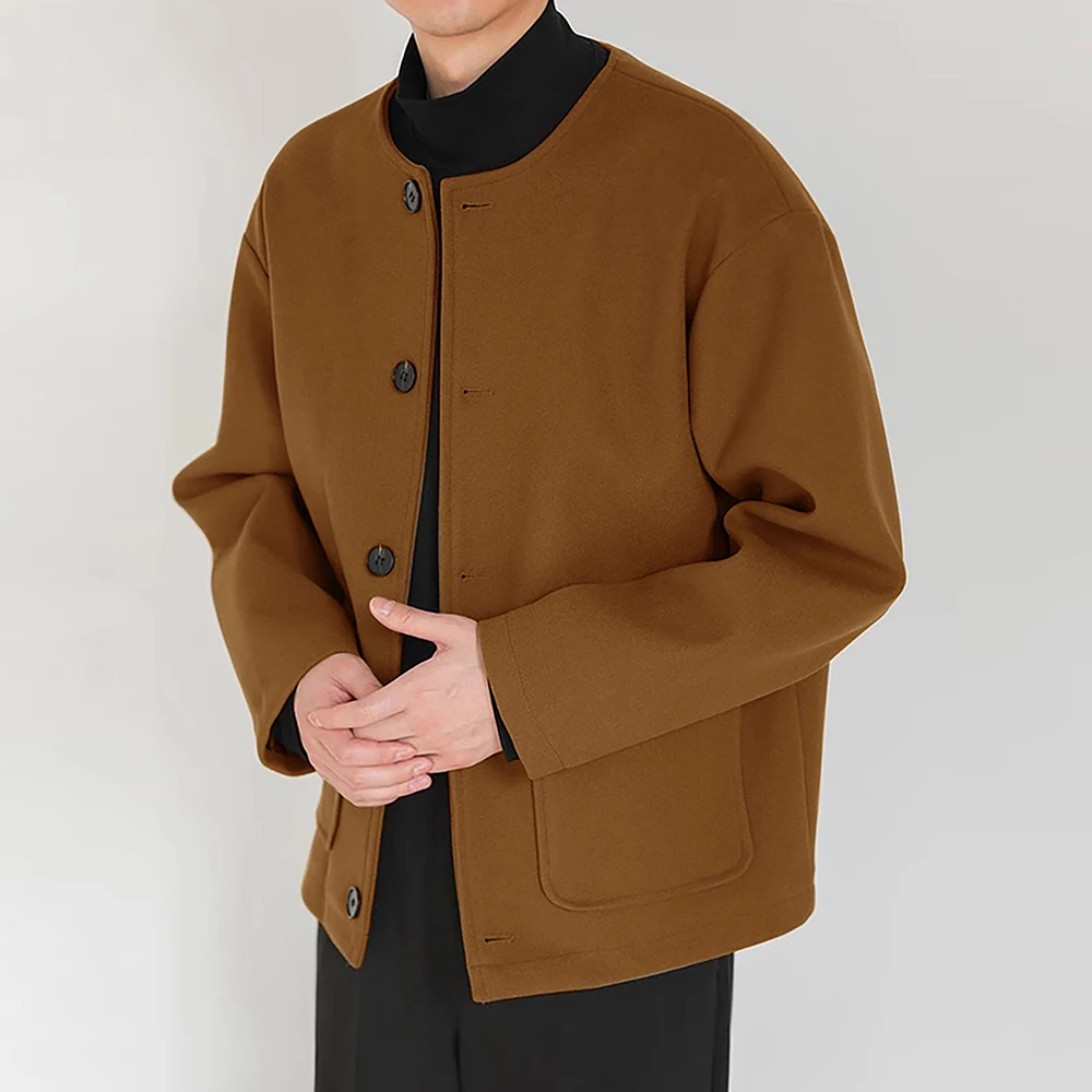 Autumn Winter New Korean Mens Fashion Double-Sided Casual Jacket Unique Design Trend Solid Color Collarless Loose Woolen Coat