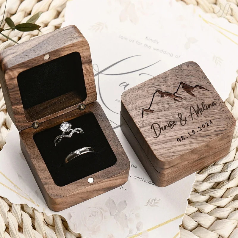 

Personalized Wedding Ring Box Square Walnut Ring Box Double Ring Box Custom Wedding Rings Box Engagement Ring Box